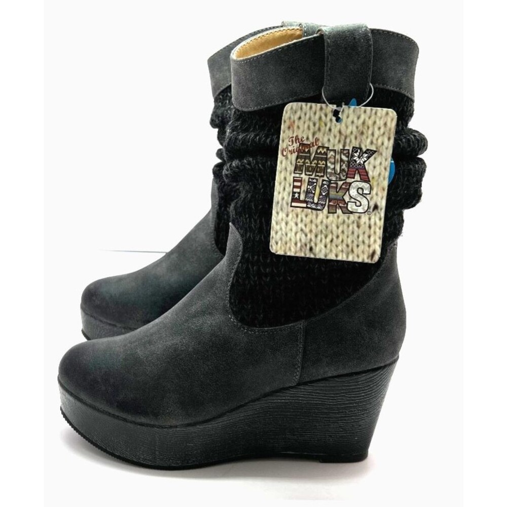 NWT Muk Luks Women's Charcoal Black Quinn Knit Slouch Wedge Winter Boots Size 6